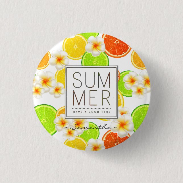 Fresh Summer Fruits and Exotic Plumeria Flowers 1 Inch Round Button (Front)