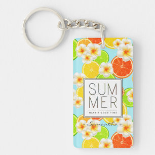 Fresh Summer Fruits and Exotic Plumeria Flowers Keychain