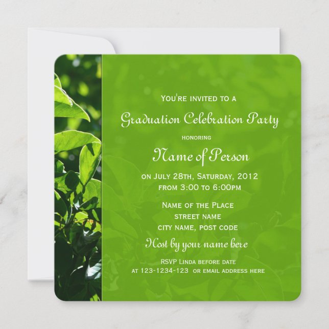 Fresh summer green leaves graduation celebration invitation (Front)