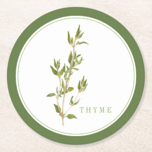 FRESH THYME Round Paper Coasters (+text) Green