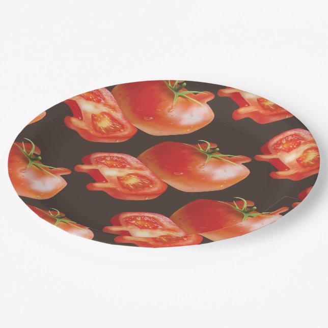 Fresh Tomato Pattern: Juicy Red Kitchen Art Paper Plate (Angled)