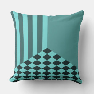 Fresh Turquoise Stripes Diamond Checkers Throw Pillow