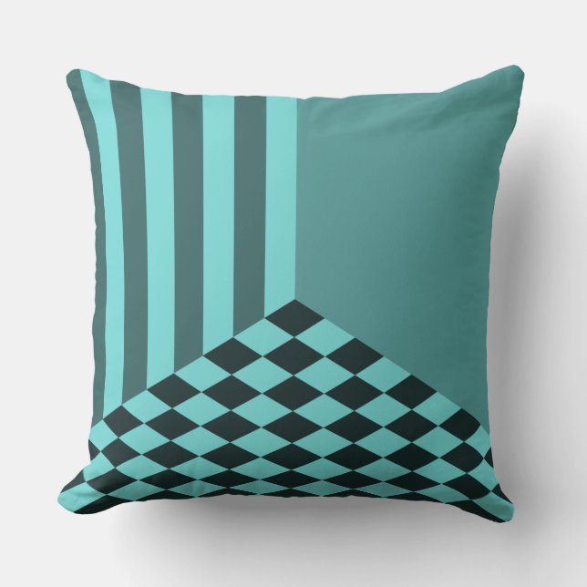 Fresh Turquoise Stripes Diamond Checkers Throw Pillow (Front)