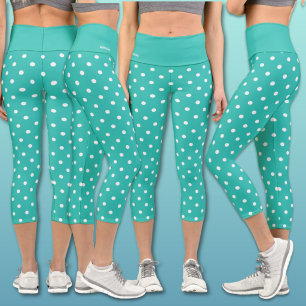 Fresh Turquoise White Polka Dot Pattern Name Capri Leggings