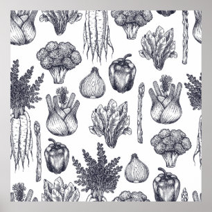 Fresh vegetables seamless pattern. Broccoli, carro Poster