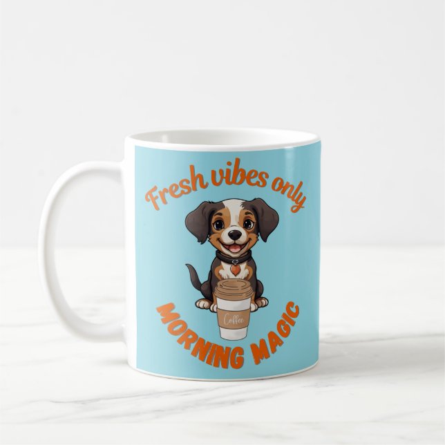 Fresh Vibes & Coffee Playful Puppy Digital Artwor Coffee Mug (Left)
