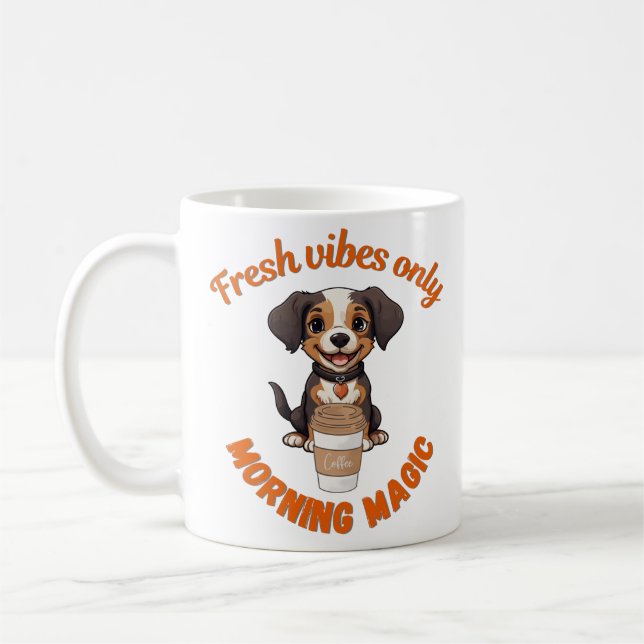 Fresh Vibes & Coffee Playful Puppy Digital Artwor Coffee Mug (Left)