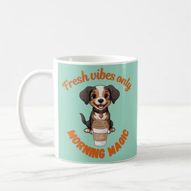 Fresh Vibes & Coffee Playful Puppy Digital Artwor Coffee Mug (Left)