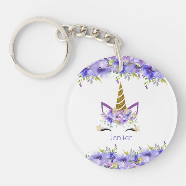 Fresh Violet Unicorn Birthday Decorations Keychain (Front)