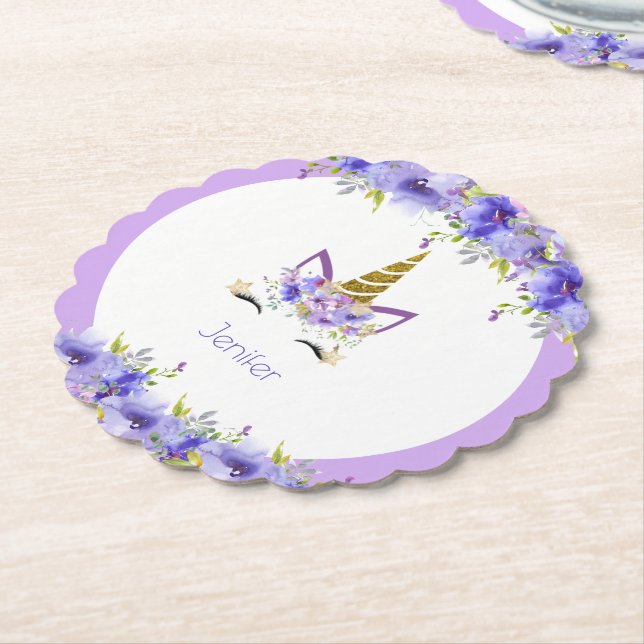 Fresh Violet Unicorn Birthday Decorations Paper Coaster (Angled)