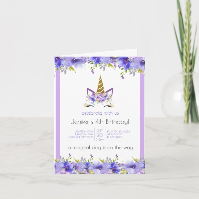 Fresh Violet | Unicorn Birthday Party Decor Invitation (Front)