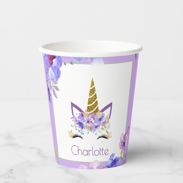 Fresh Violets | Unicorn Birthday Party Supplies Paper Cups (Front)