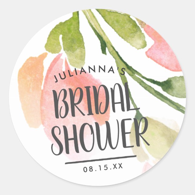 Fresh Watercolor Blooms Bridal Shower Favour Classic Round Sticker (Front)