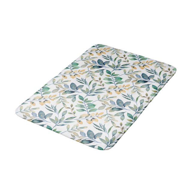 Fresh Watercolor Green and Yellow Leaf Pattern Bath Mat (Angled)