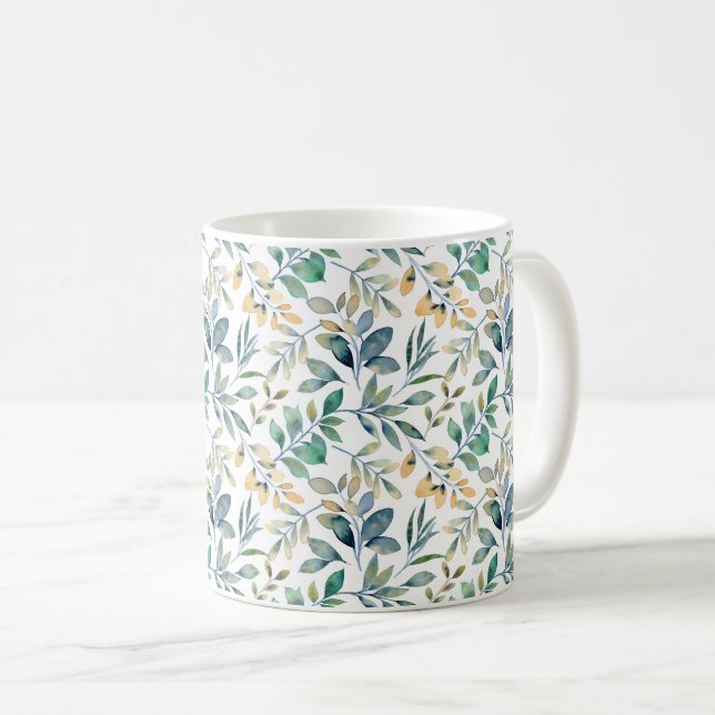 Fresh Watercolor Green and Yellow Leaf Pattern Coffee Mug (Front Right)