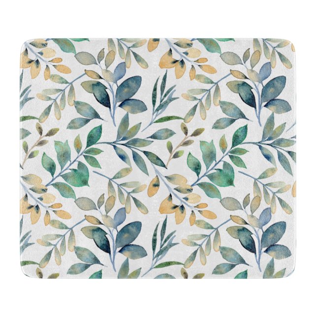Fresh Watercolor Green and Yellow Leaf Pattern Cutting Board (Front)