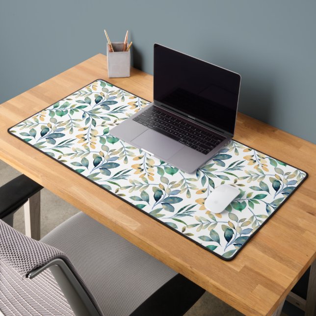 Fresh Watercolor Green and Yellow Leaf Pattern Desk Mat (Office 2)