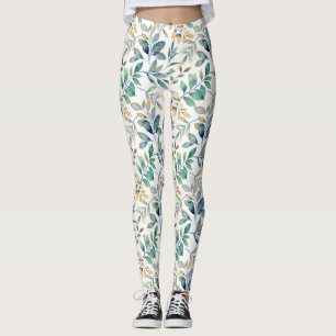 Fresh Watercolor Green and Yellow Leaf Pattern Leggings