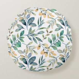 Fresh Watercolor Green and Yellow Leaf Pattern Round Pillow