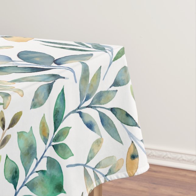 Fresh Watercolor Green and Yellow Leaf Pattern Tablecloth (In Situ)