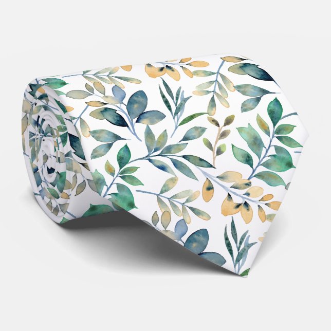 Fresh Watercolor Green and Yellow Leaf Pattern Tie (Rolled)