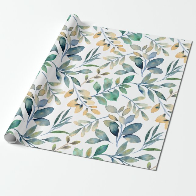 Fresh Watercolor Green and Yellow Leaf Pattern Wrapping Paper (Unrolled)