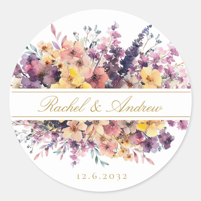 Fresh, wildflower bouquet, handwriting, wedding classic round sticker (Front)