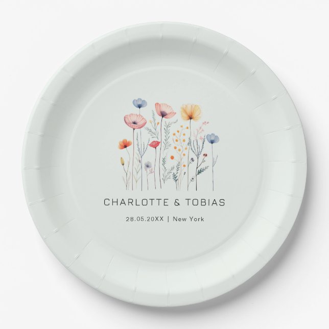 Fresh Wildflower | Light-Green Wedding  Paper Plate (Front)