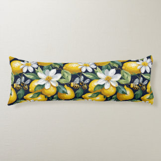 Fresh Yellow Lemons With Busy Bees & White Blooms Body Pillow