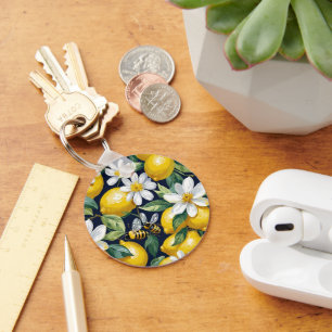 Fresh Yellow Lemons With Busy Bees & White Blooms Keychain