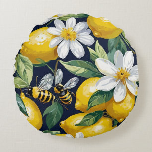 Fresh Yellow Lemons With Busy Bees & White Blooms Round Pillow
