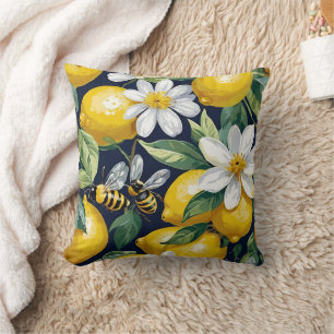 Fresh Yellow Lemons With Busy Bees & White Blooms Throw Pillow