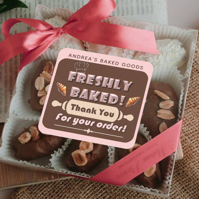 Freshly Baked Brown and Pink Bakery Thank You Cute Square Sticker (Creator Uploaded)