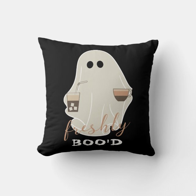 Freshly Boo'd | Halloween Cute Ghost | Black Throw Pillow (Front)