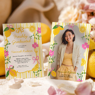 Freshly Graduated Lemon Citrus Pink Bow Photo Invitation