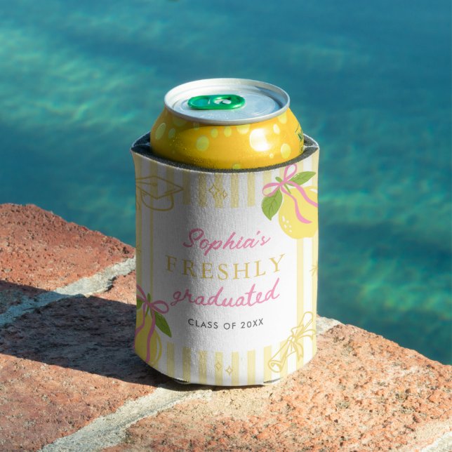 Freshly Graduated Lemon Pink Bow Graduation Can Cooler (In Situ Pool)