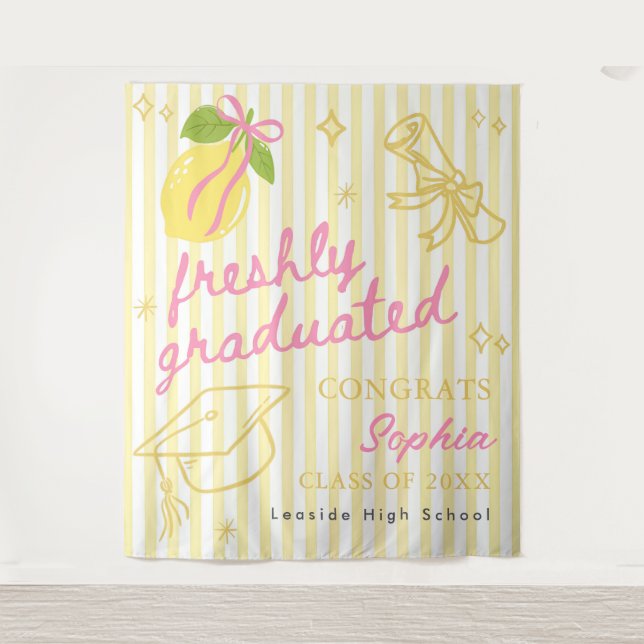 Freshly Graduated Lemon Pink Bow Graduation Tapestry (Front)