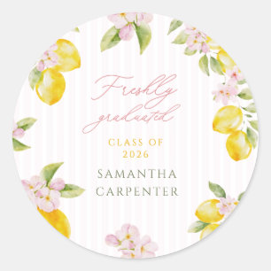 Freshly graduated lemon pink floral Grad party Classic Round Sticker