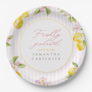 Freshly graduated lemon pink floral Grad party Paper Plate