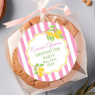Freshly Graduated Lemon Pink Stripes Graduation Classic Round Sticker