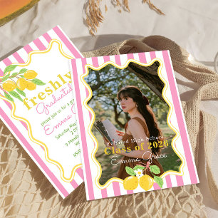 Freshly Graduated Lemon Pink Stripes Graduation Invitation