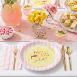 Freshly Graduated Lemon Stripes Grad Party Paper Plate