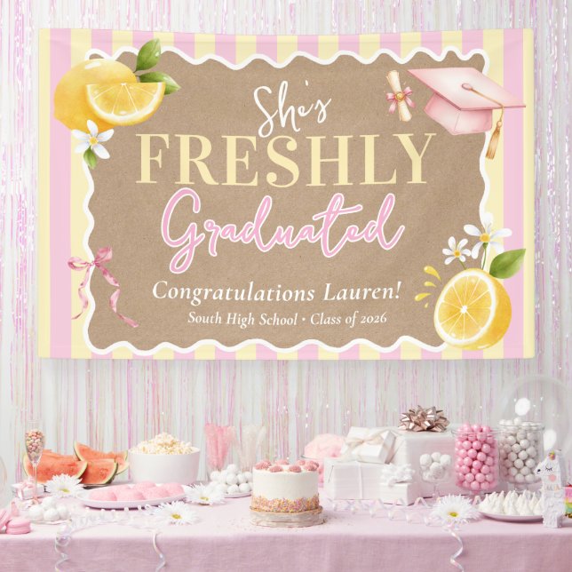 Freshly Graduated Lemons Pink Striped Graduation Banner (Party)