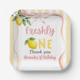 Freshly One Bow Pink Yellow Lemon First Birthday Paper Plate