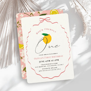 Freshly One Pink Bow Lemon Girl 1st Birthday Invitation