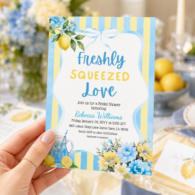 Freshly Squeezed Blue Bow Lemon Bridal Shower Invitation (Creator Uploaded)