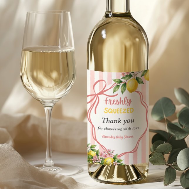 Freshly Squeezed Lemonade Bow Lemon Baby Shower Wine Label (Creator Uploaded)