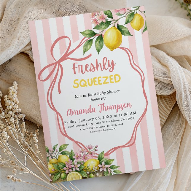 Freshly Squeezed Lemonade Pink Bow Baby Shower Invitation (Creator Uploaded)