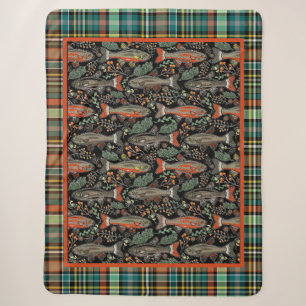 Freshwater Brook Trout Green Orange Black Plaid  Sherpa Blanket