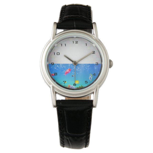 Freshwater Fish Aquarium Women's Black Leather Watch (Front)